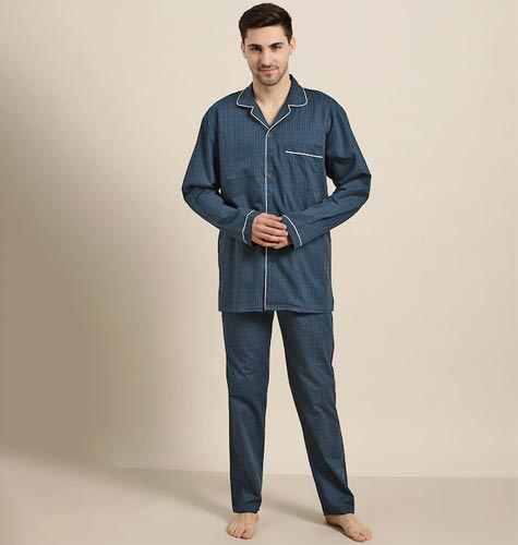 Men Navy Blue & Green Checked Cotton Night Suit